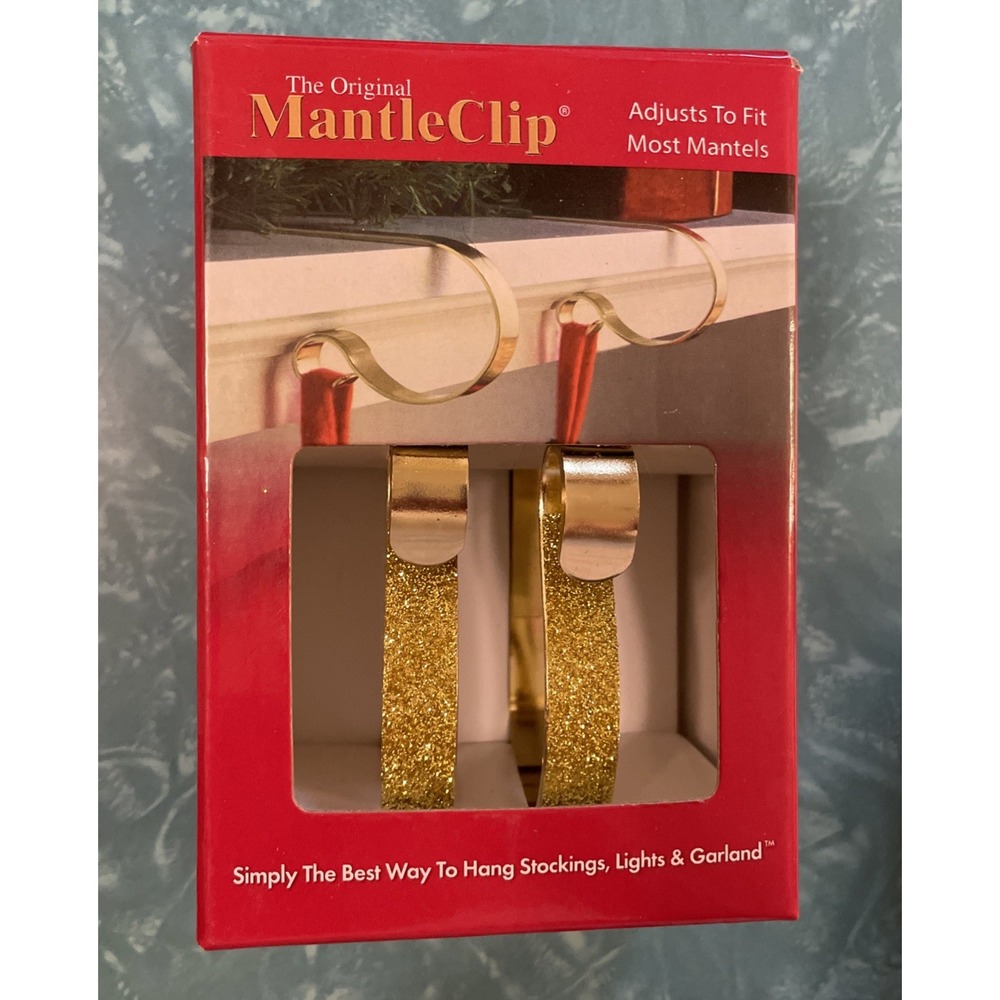 Original Mantle Clip Glitter Set Of 2 Gold Christmas Stocking Holder At Home New